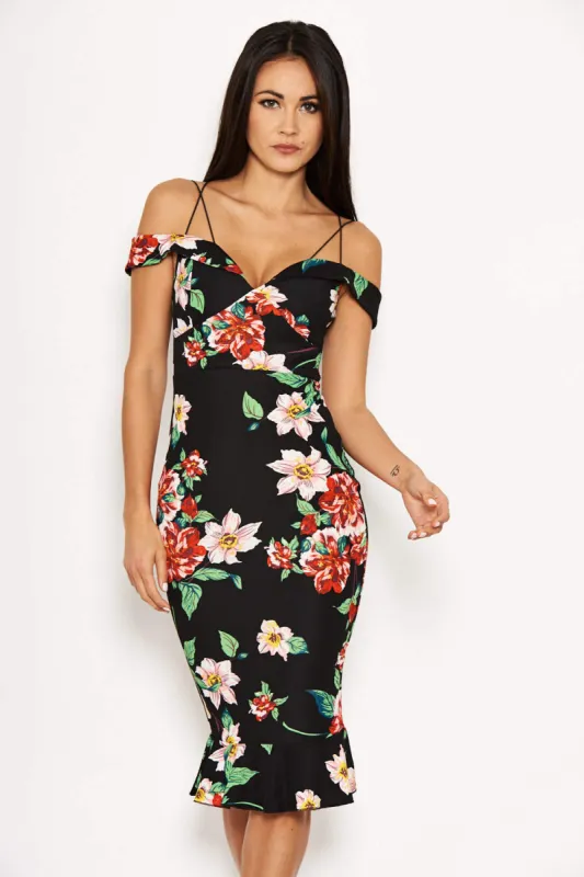 Black Floral Off The Shoulder Midi Dress sold by AX Paris