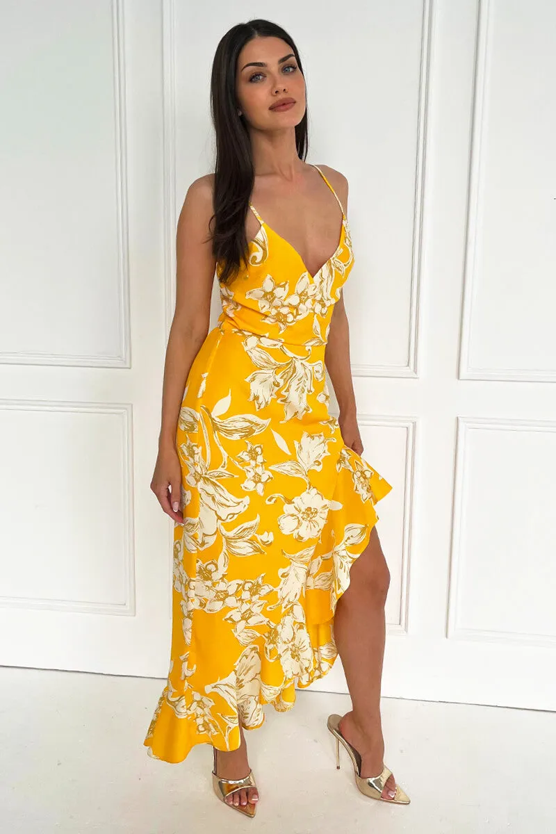 Yellow Floral Printed Strappy High Low Frill Hem Midi Dress sold by AX Paris product image thumbnail 4