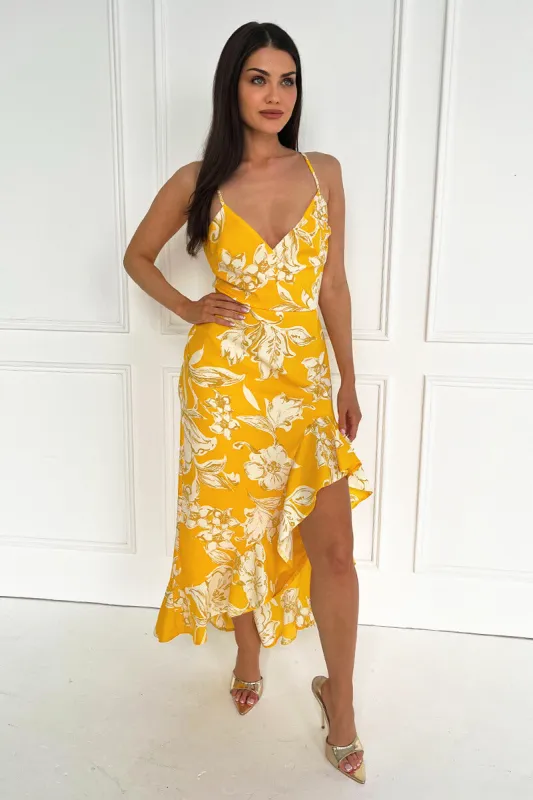 Yellow Floral Printed Strappy High Low Frill Hem Midi Dress sold by AX Paris