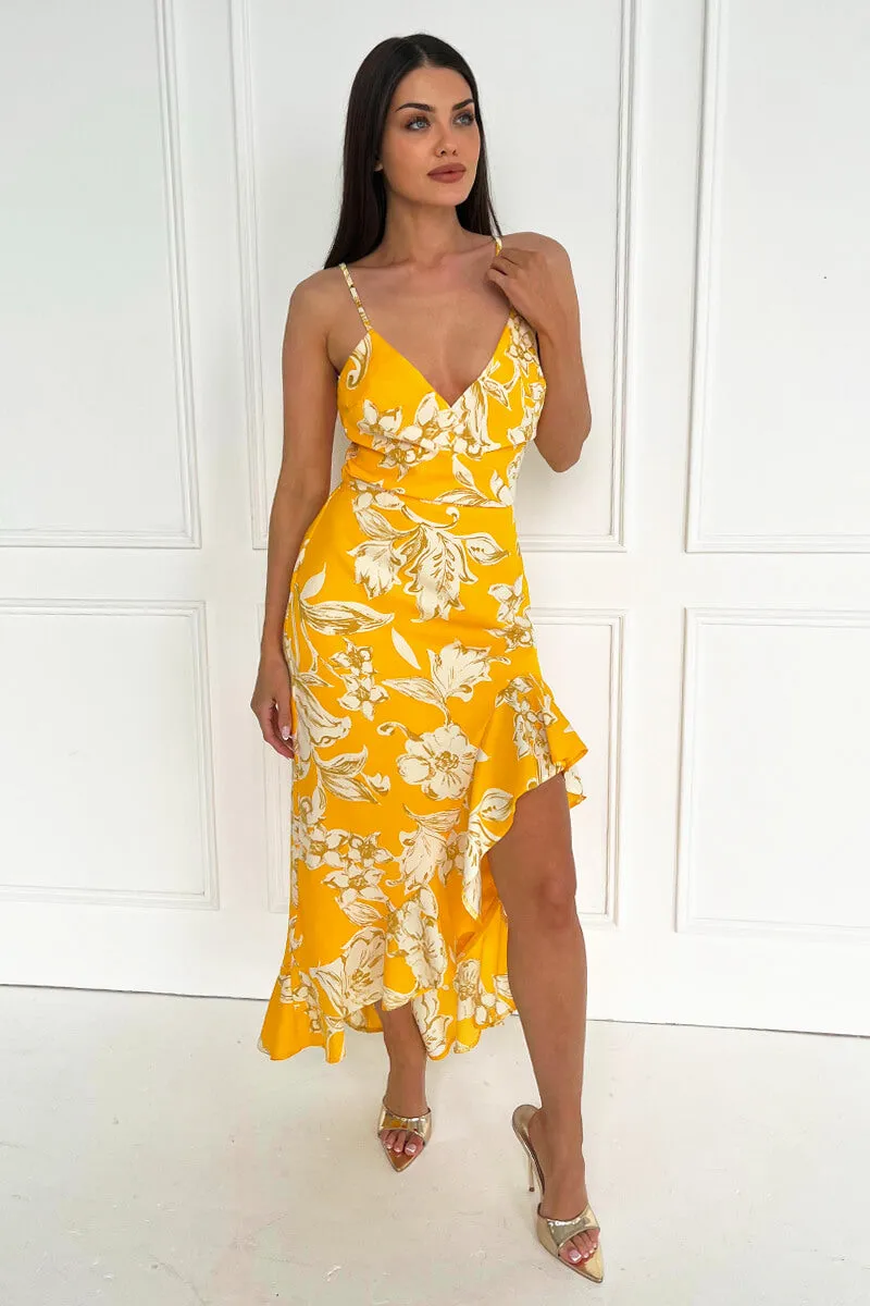 Yellow Floral Printed Strappy High Low Frill Hem Midi Dress sold by AX Paris product image thumbnail 2