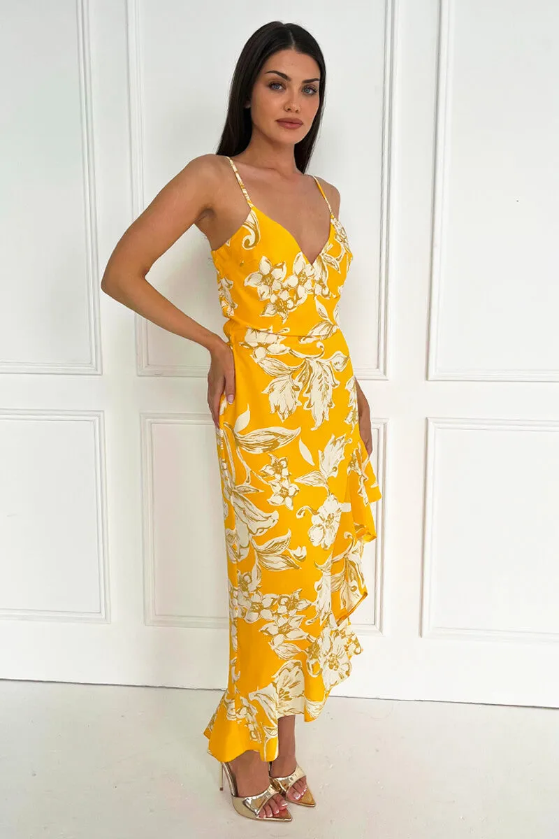 Yellow Floral Printed Strappy High Low Frill Hem Midi Dress sold by AX Paris product image thumbnail 3