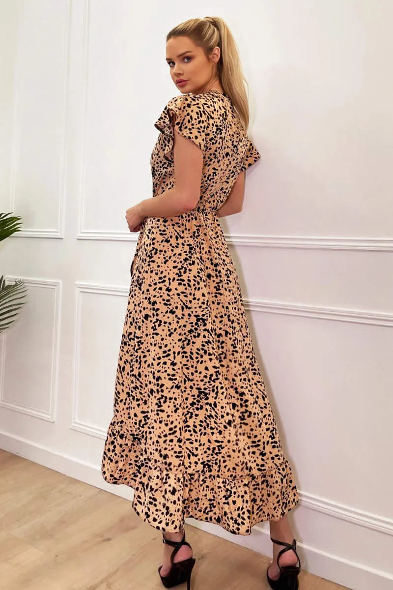 Peach And Black Printed Wrap Over Frill Hem Short Sleeve Midi Dress sold by AX Paris product image thumbnail 4