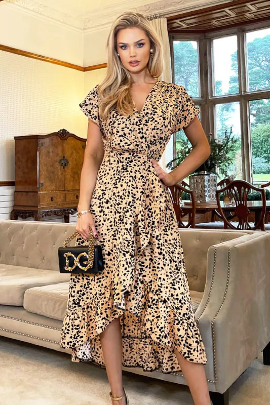 Peach And Black Printed Wrap Over Frill Hem Short Sleeve Midi Dress sold by AX Paris