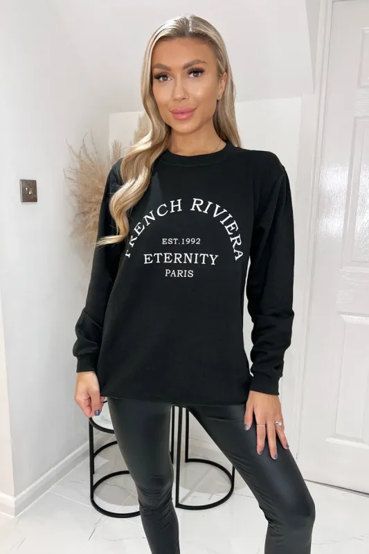 Black French Riviera Slogan Sweatshirt sold by AX Paris