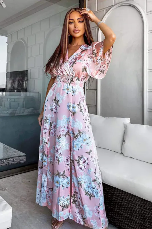 Pink Floral Side Split Maxi Dress sold by AX Paris