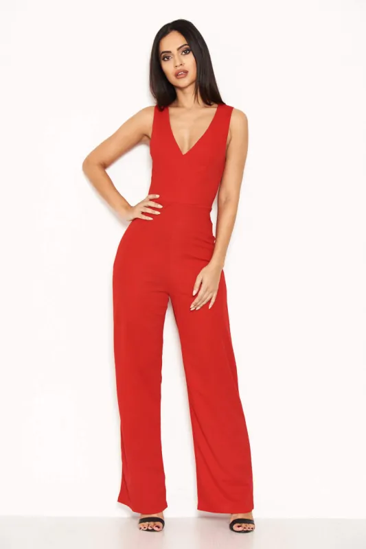 Red V Neck Jumpsuit sold by AX Paris