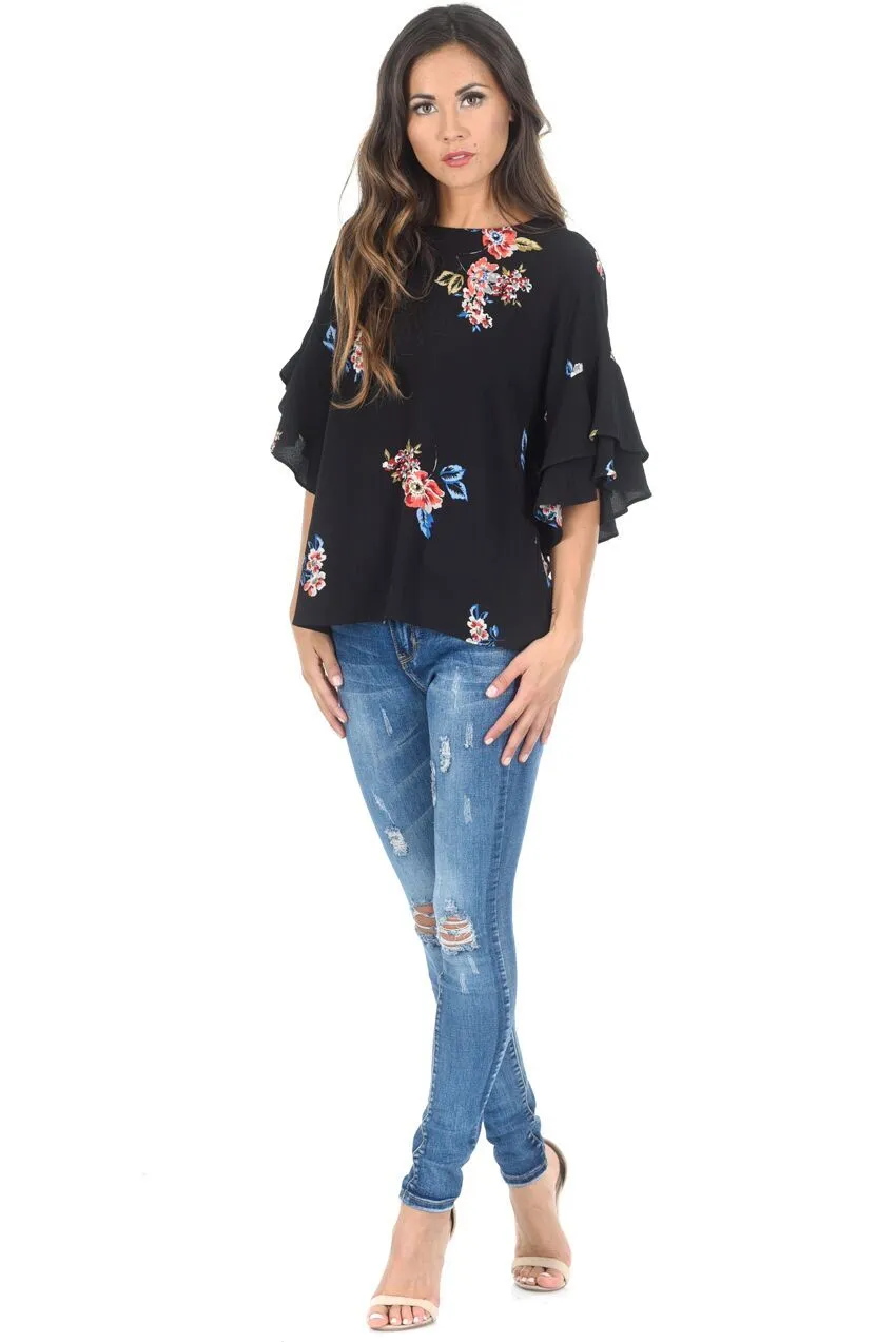 Black Floral Frill Sleeved Top sold by AX Paris product image thumbnail 2