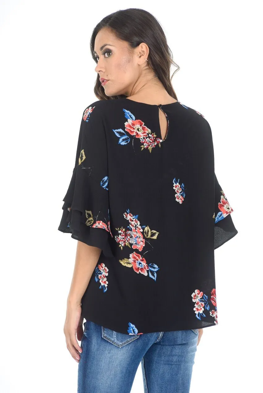 Black Floral Frill Sleeved Top sold by AX Paris product image thumbnail 3