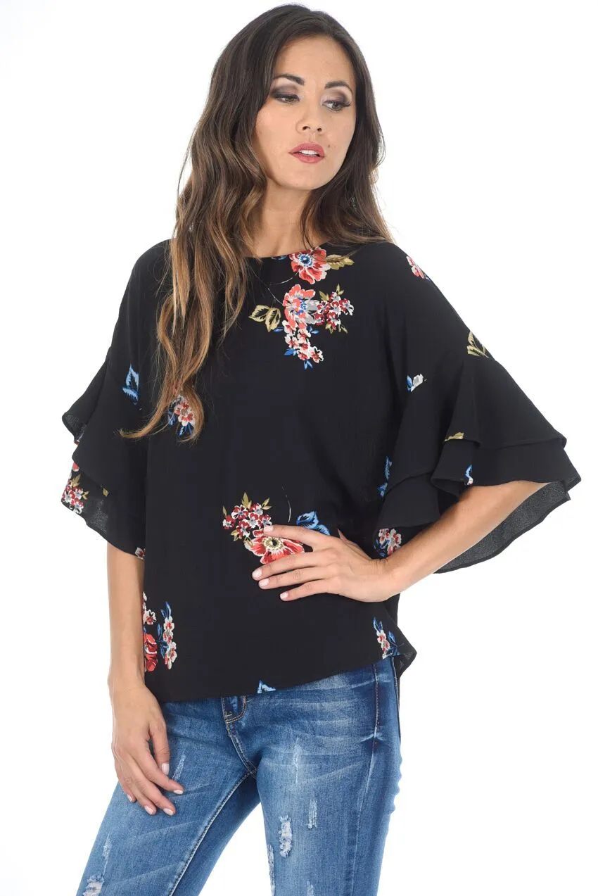 Black Floral Frill Sleeved Top sold by AX Paris