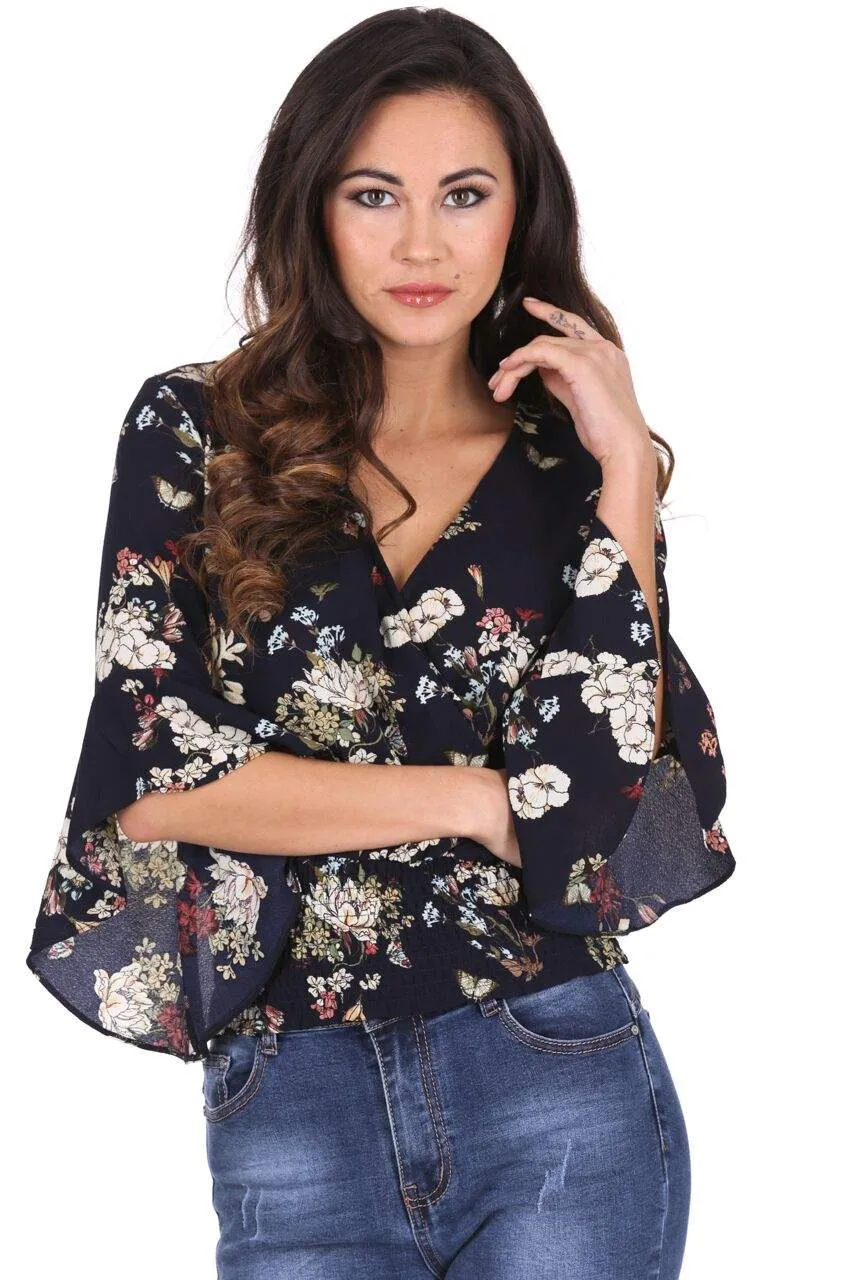 Navy Floral Wrap V Neck Top sold by AX Paris