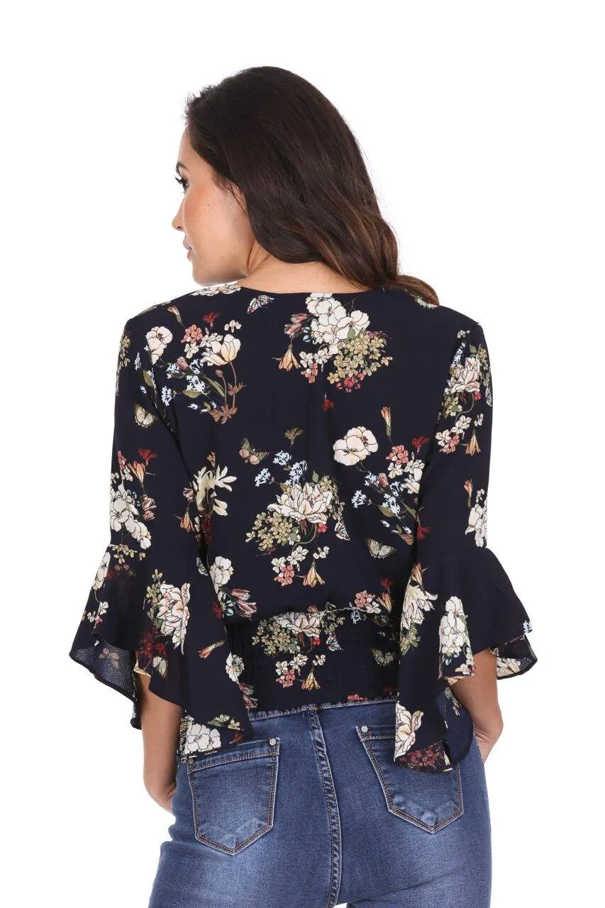 Navy Floral Wrap V Neck Top sold by AX Paris product image thumbnail 3