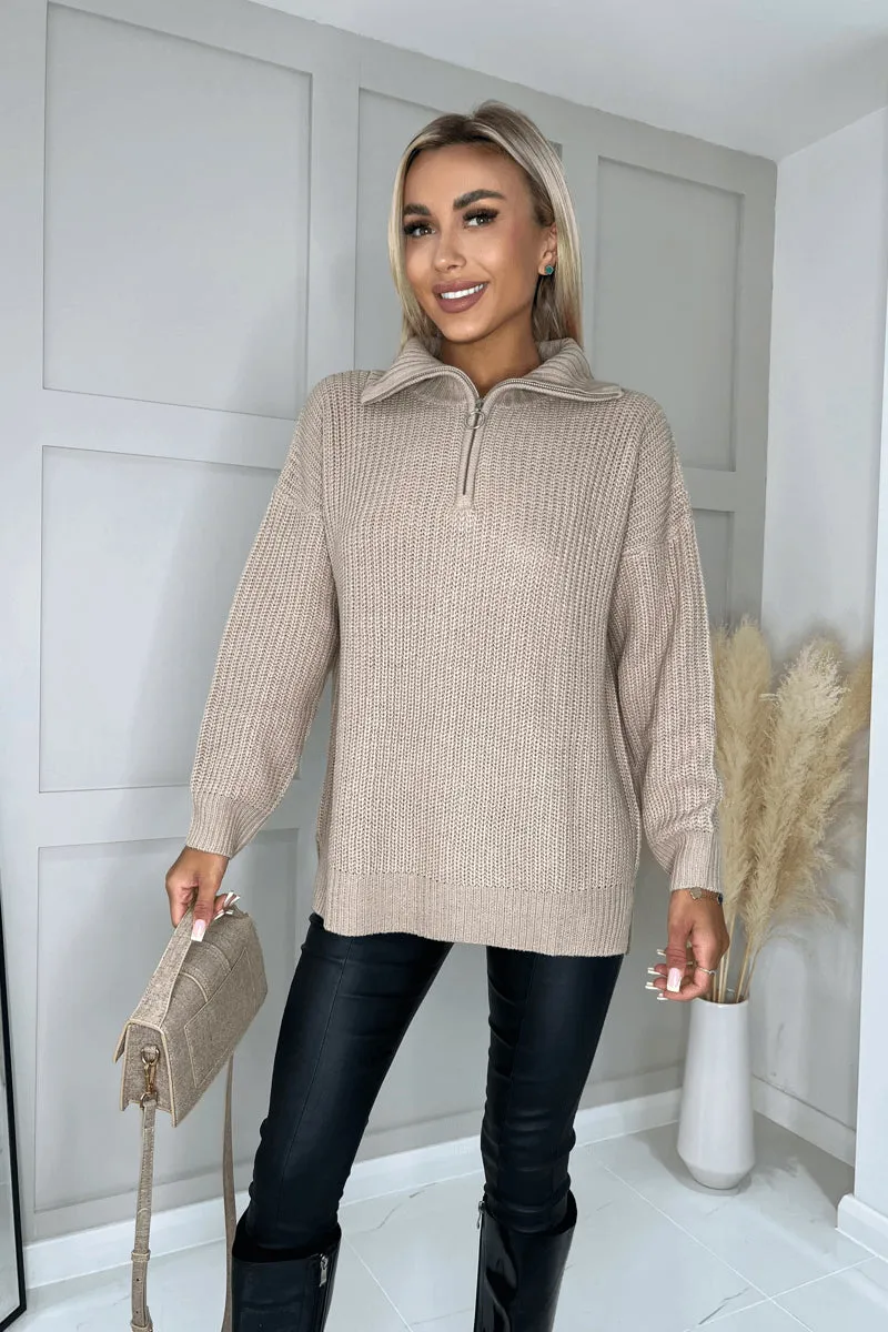 Oatmeal Half Zip Knitted Jumper sold by AX Paris