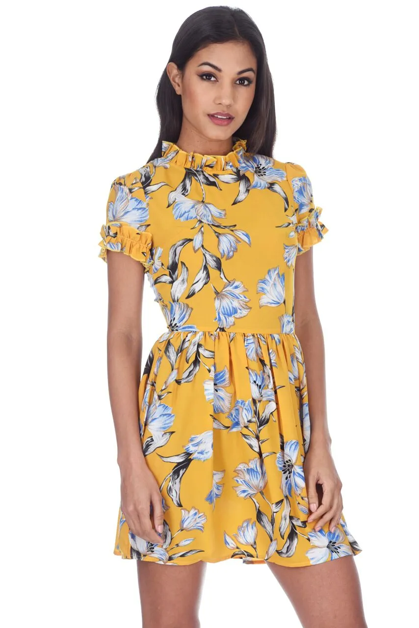 Yellow Floral Print Frill Detail Mini Dress sold by AX Paris