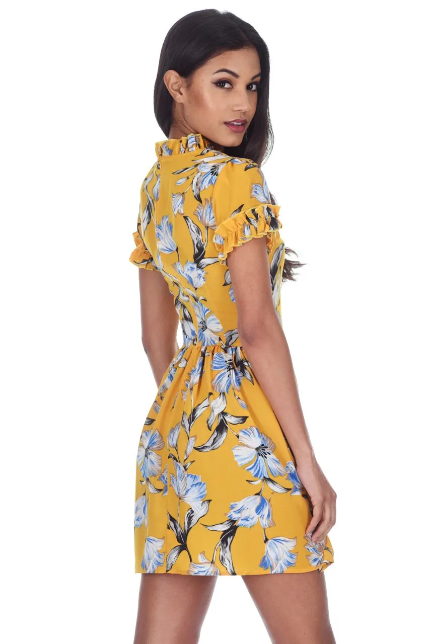 Yellow Floral Print Frill Detail Mini Dress sold by AX Paris product image thumbnail 3