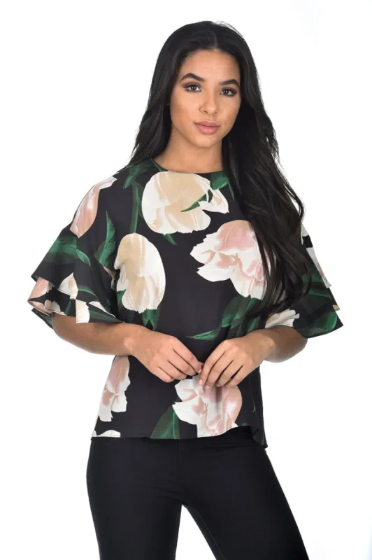 Black Floral Frill Sleeve Top sold by AX Paris
