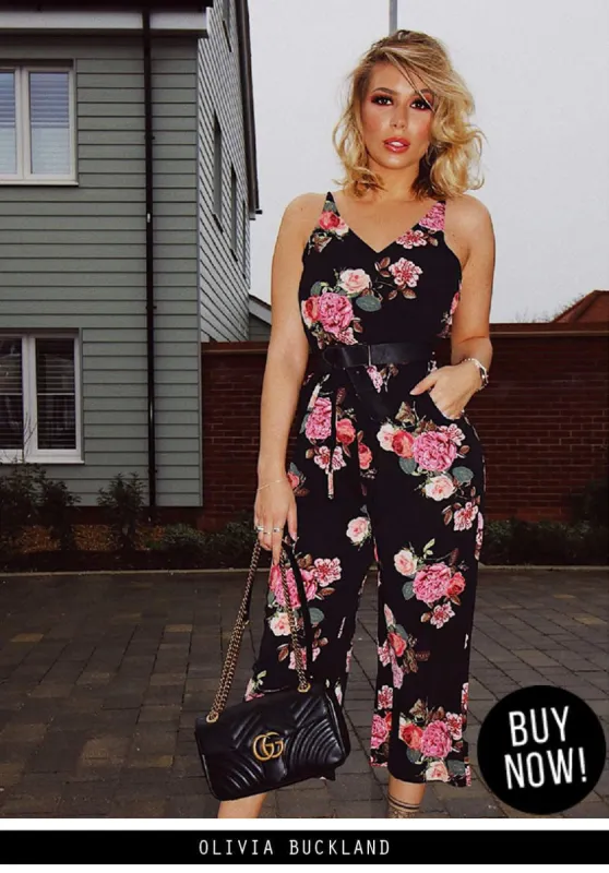 Black Floral Print Culotte Jumpsuit sold by AX Paris