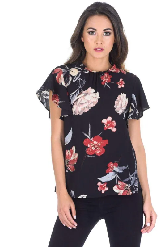 Black Floral Frill Floaty Top sold by AX Paris
