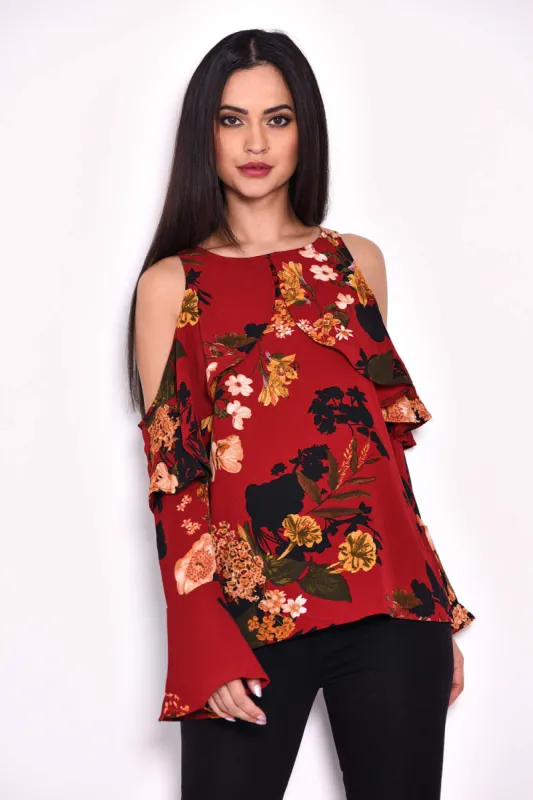 Wine Flare Sleeve Cold Shoulder Top sold by AX Paris