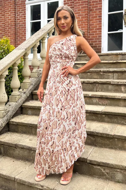 Cream Printed One Shoulder Pleated Midi Dress sold by AX Paris