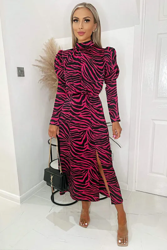 Pink Zebra Print Long Puff Sleeve Midi Dress sold by AX Paris