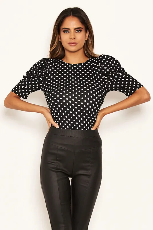 Black Polka Dot Ruched Sleeve Bodysuit sold by AX Paris