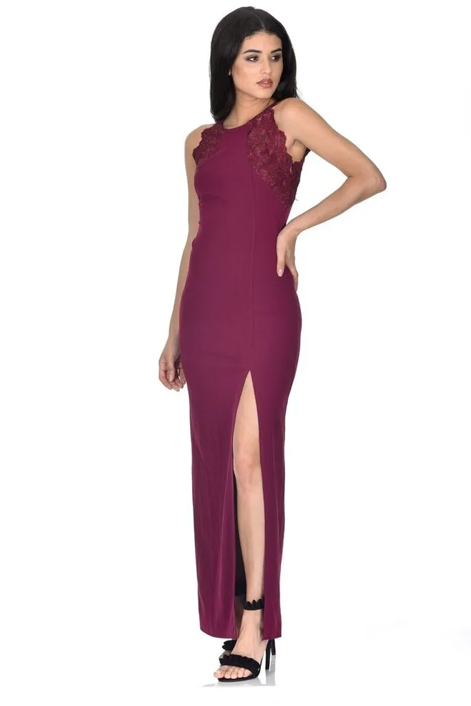 Plum High Neck Lace Detail Maxi Dress sold by AX Paris