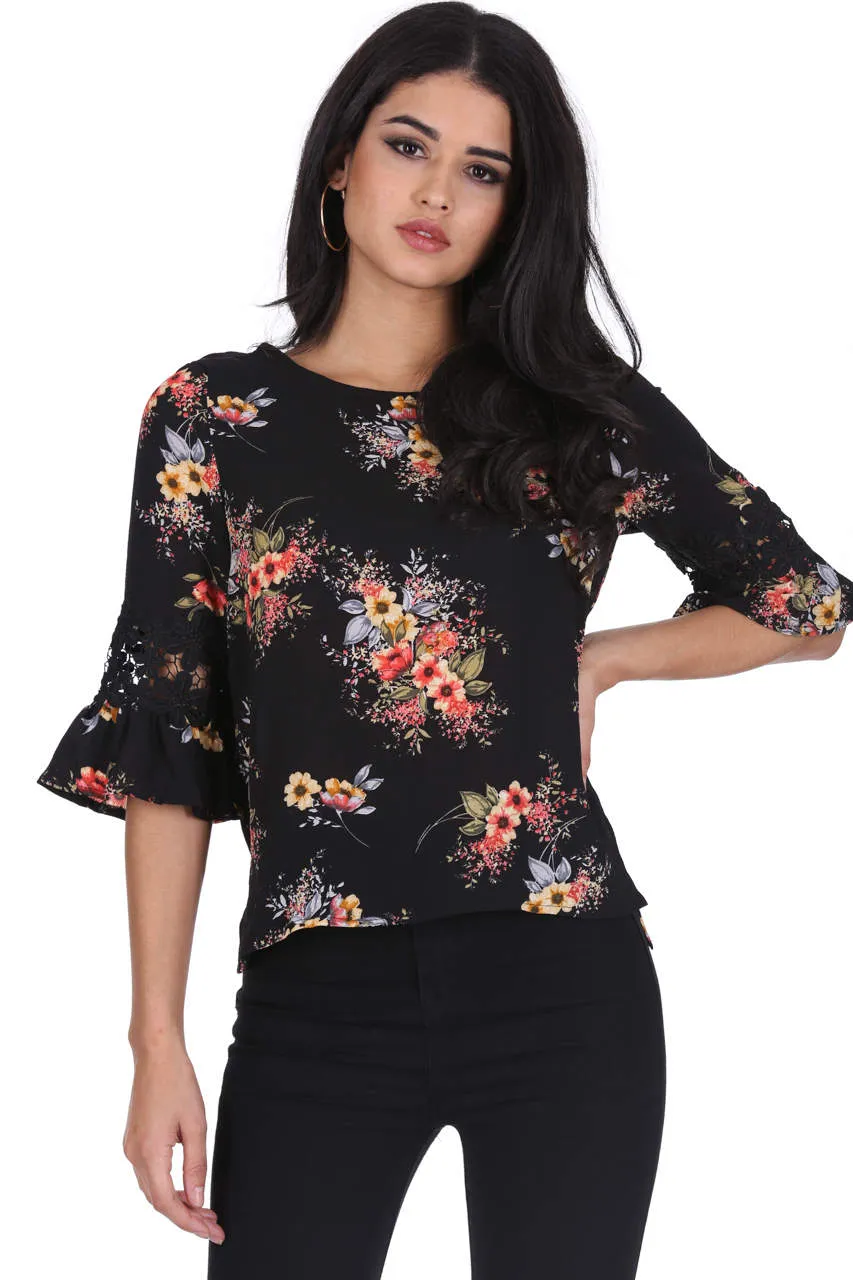 Black Floral Crochet Detail Top sold by AX Paris