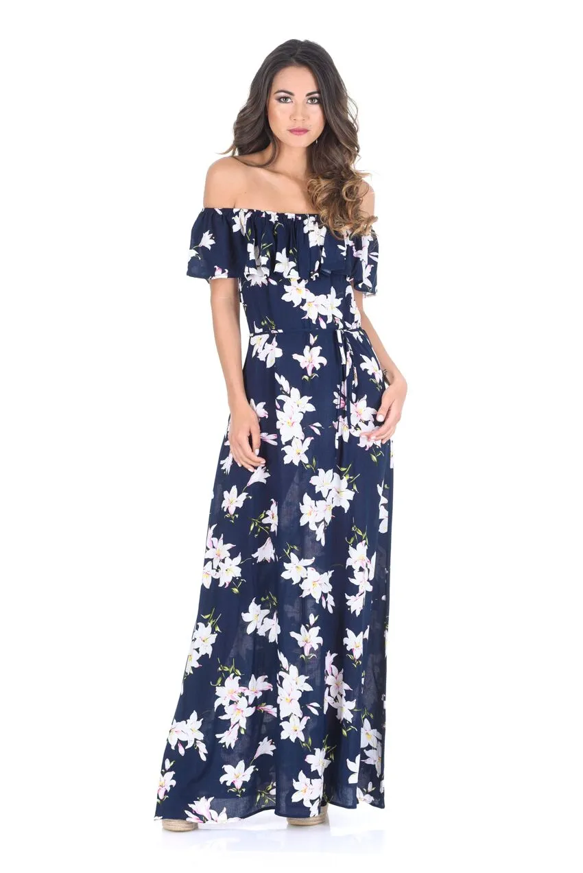 Navy Floral Bardot Printed Maxi Dress sold by AX Paris product image thumbnail 2
