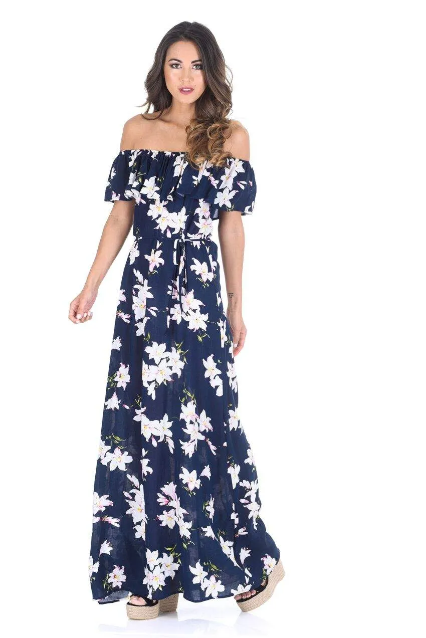 Navy Floral Bardot Printed Maxi Dress sold by AX Paris product image thumbnail 3