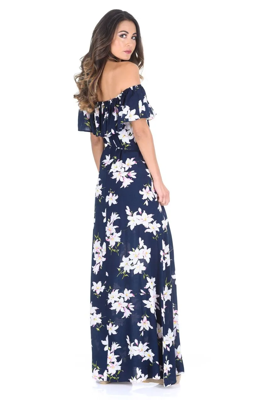 Navy Floral Bardot Printed Maxi Dress sold by AX Paris product image thumbnail 4