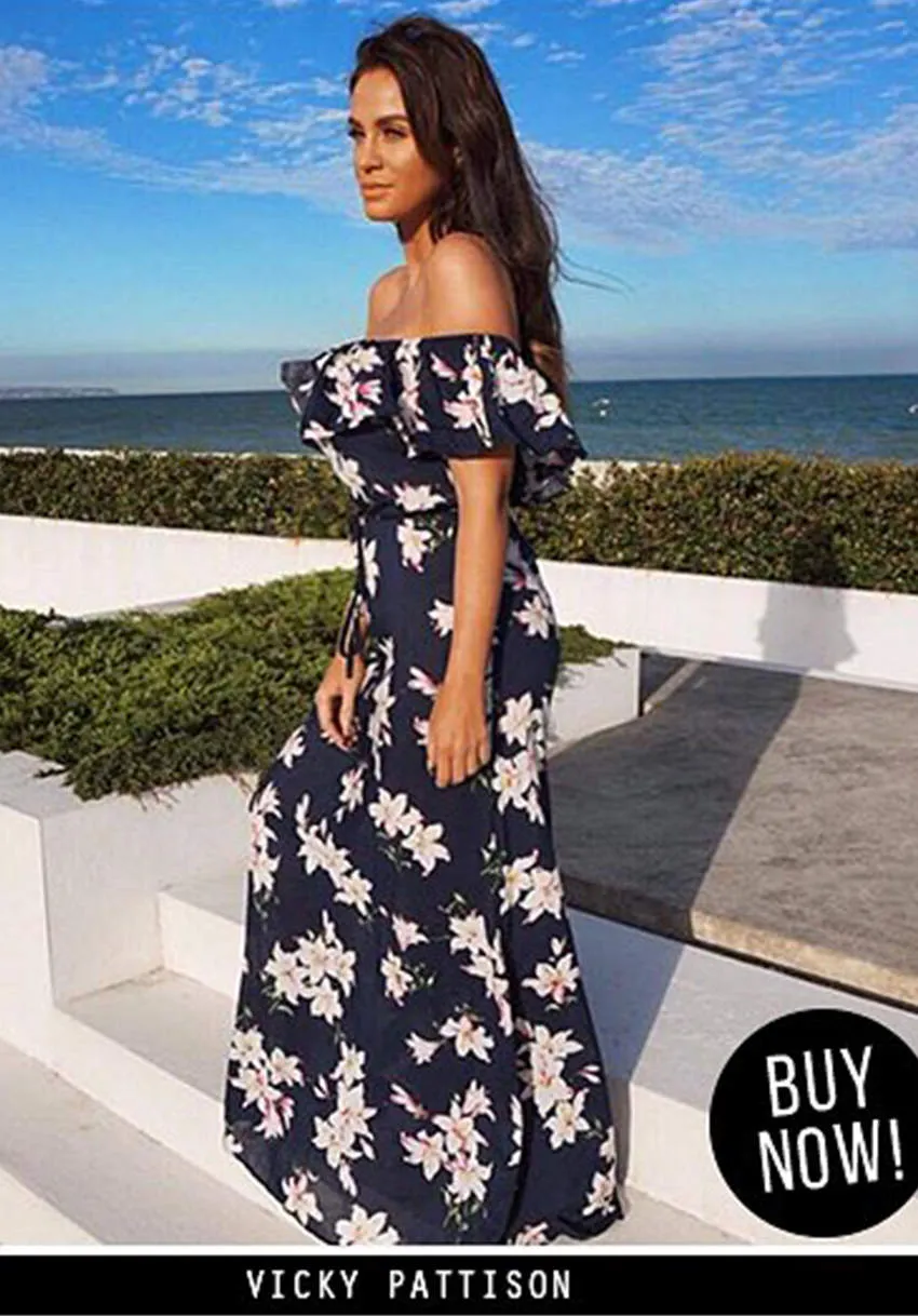 Navy Floral Bardot Printed Maxi Dress sold by AX Paris