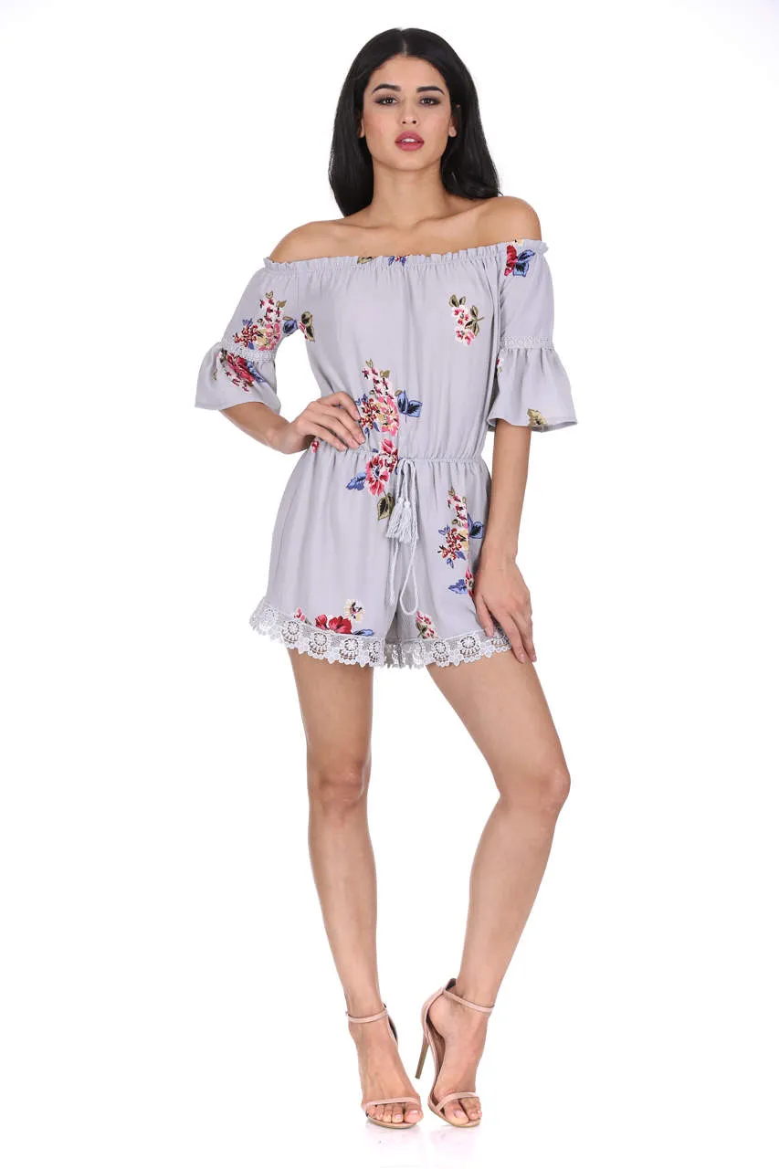 Grey Floral Print Off The Shoulder Playsuit sold by AX Paris product image thumbnail 2