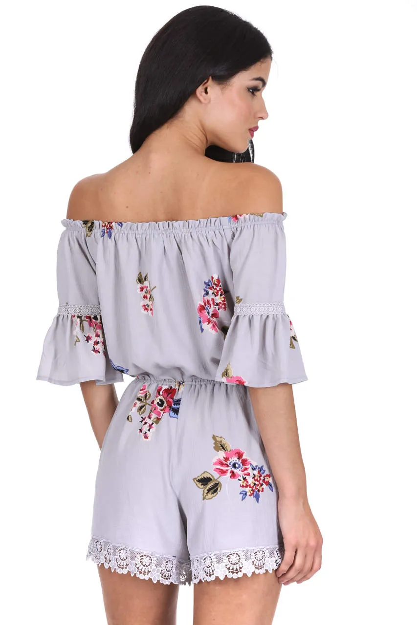 Grey Floral Print Off The Shoulder Playsuit sold by AX Paris product image thumbnail 3