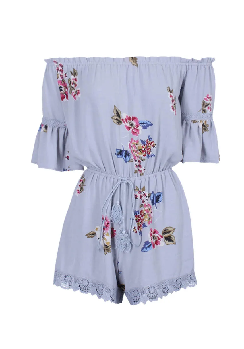 Grey Floral Print Off The Shoulder Playsuit sold by AX Paris product image thumbnail 4