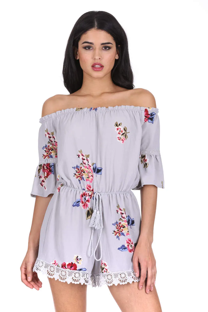 Grey Floral Print Off The Shoulder Playsuit sold by AX Paris