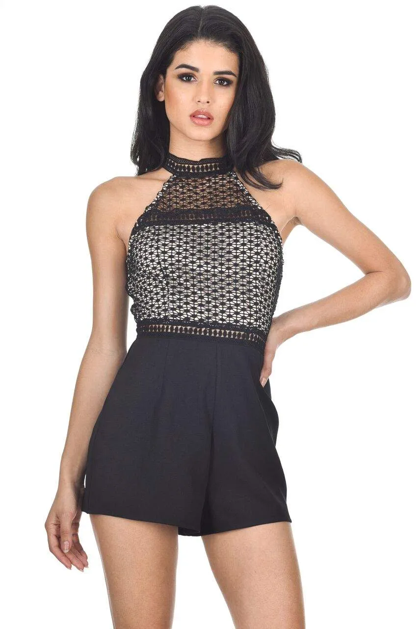 Black Contrast Mesh Top Playsuit sold by AX Paris