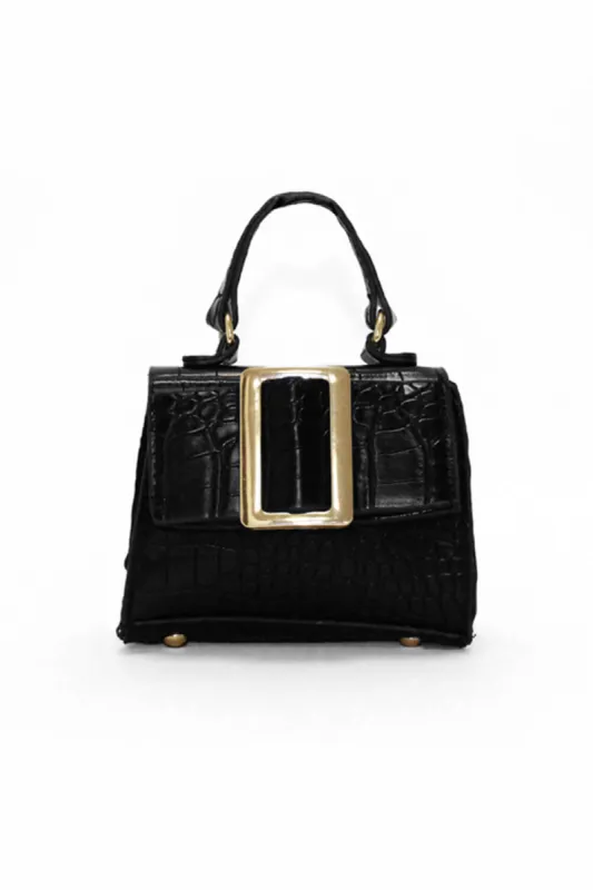Black Croc Mini Handbag With Gold Buckle sold by AX Paris