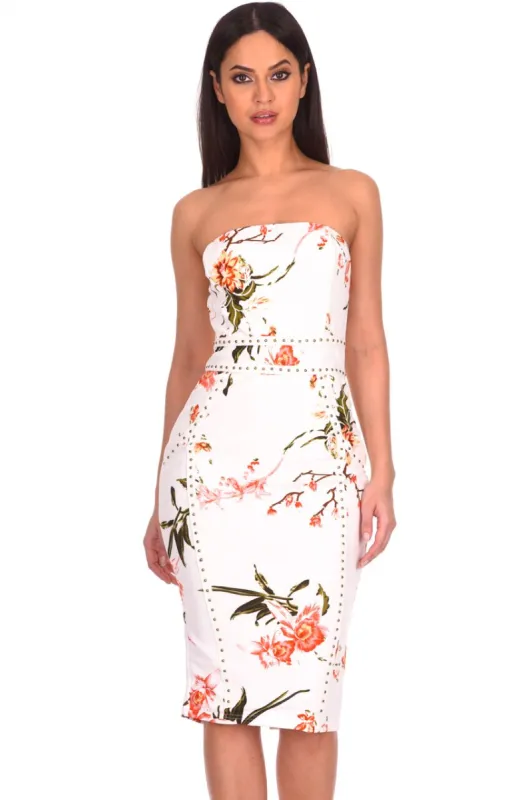 Cream Floral Bandeau Bodycon Midi Dress sold by AX Paris