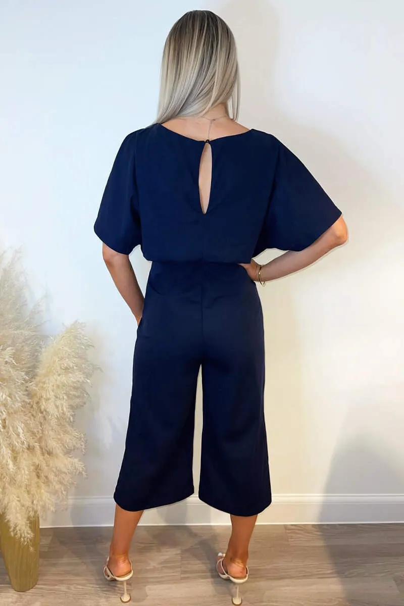 Navy Tie Waist Short Sleeve Culotte Jumpsuit sold by AX Paris product image thumbnail 4