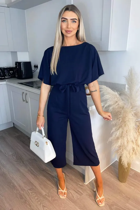 Navy Tie Waist Short Sleeve Culotte Jumpsuit sold by AX Paris