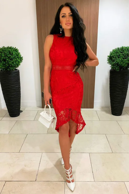 Red Fishtail Hem Lace Midi Dress sold by AX Paris