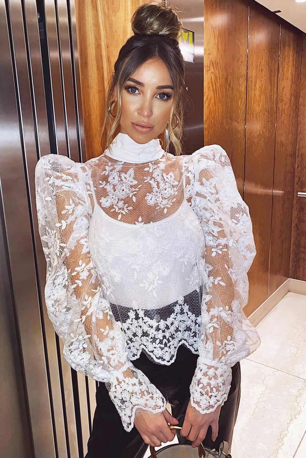 Cream Embroidered Puff Sleeve Tie Neck Top sold by AX Paris