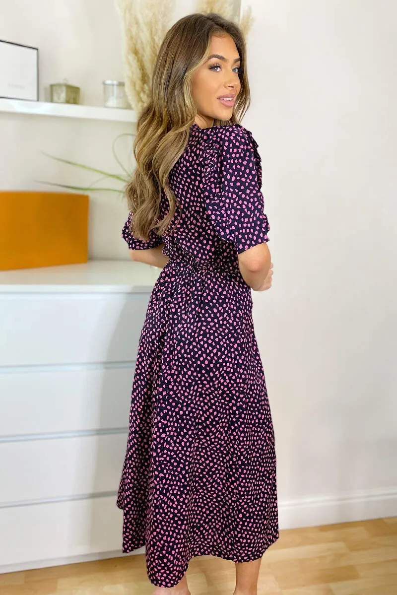 Black and Pink Dot Pleat Sleeve Split Midi Dress sold by AX Paris product image thumbnail 5