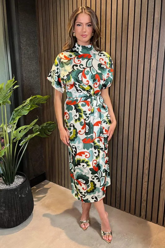 Green Abstract Print High Neck Wrap Skirt Midi Dress sold by AX Paris
