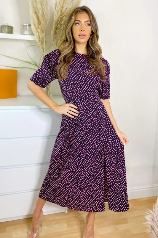 Black and Pink Dot Pleat Sleeve Split Midi Dress sold by AX Paris