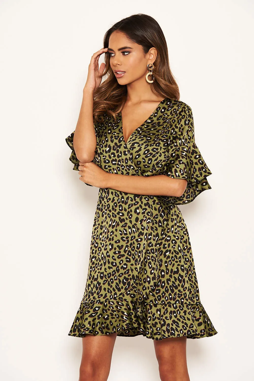 Khaki Leopard Print Full Wrap Mini Dress sold by AX Paris product image thumbnail 5