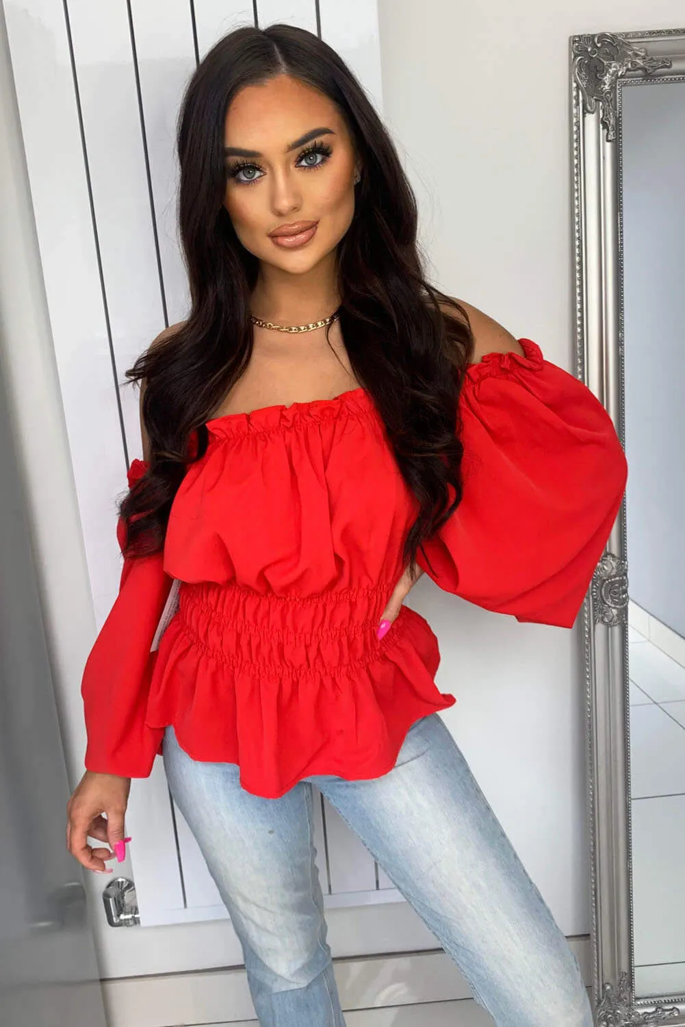 Red Square Neck Elasticated Top sold by AX Paris