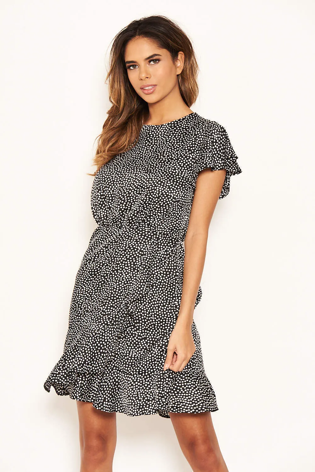 Black Polka Dot Wrap Frill Mini Dress sold by AX Paris product image thumbnail 3