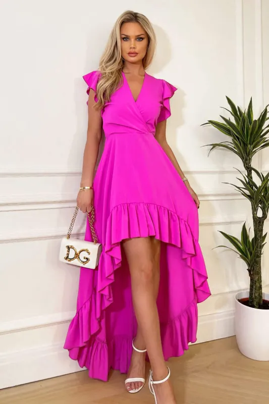 Hot Pink High Low Frill Hem V Neck Midi Dress made by AX Paris