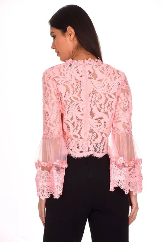 Pink Sheer Lace Long Sleeve Top sold by AX Paris product image thumbnail 3